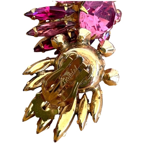 Vintage Earrings by Robert Pink Rhinestone Cluster Clip-On Mid Century Jewelry - Picture 4 of 5